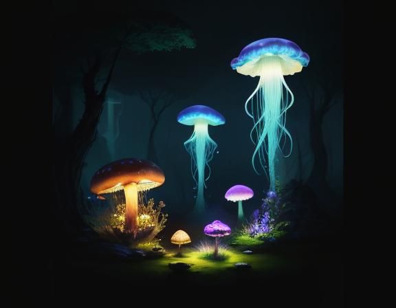 Jellyfish in Toadstool Forest: Beatrix Potter Style