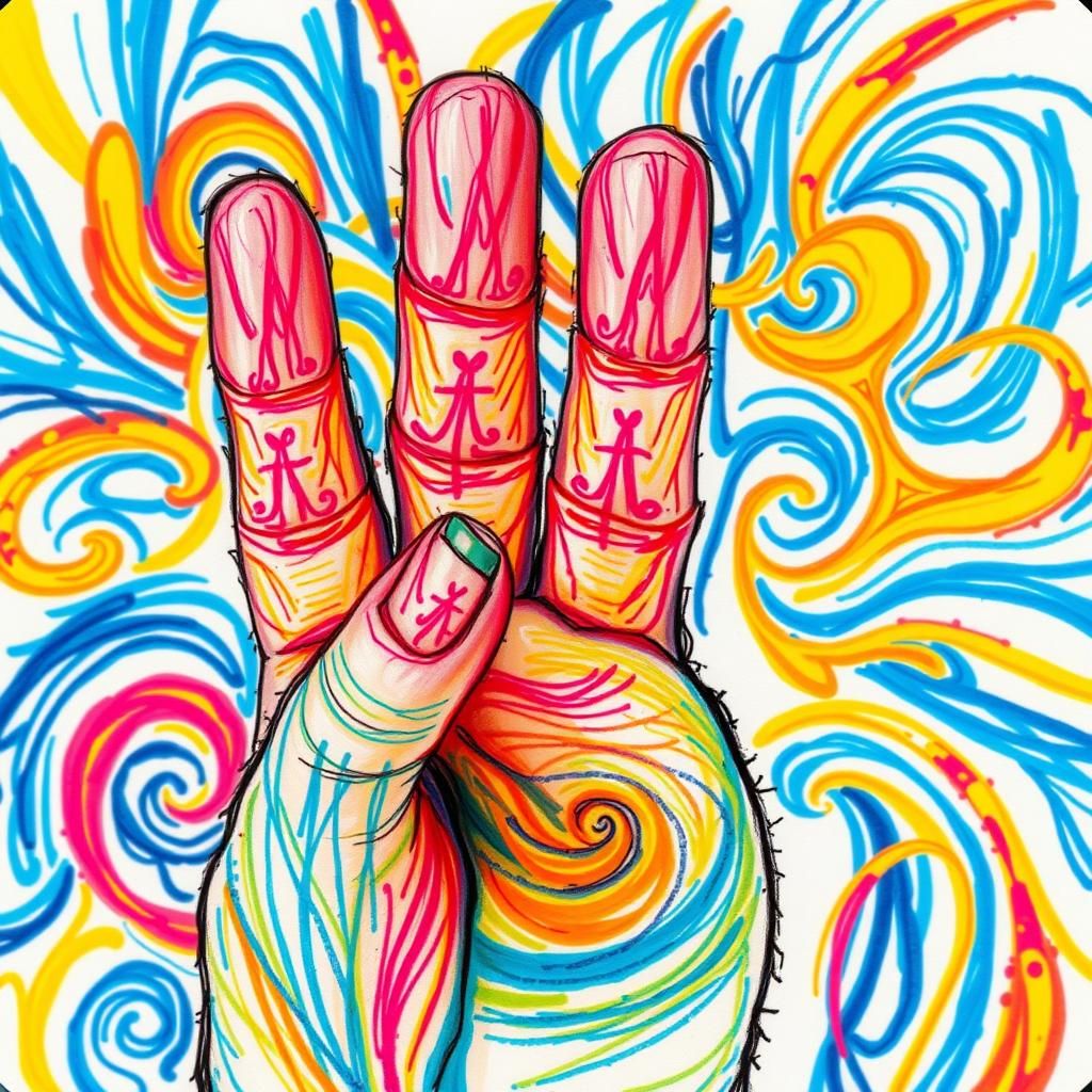 Child's Wobbly Finger Drawing in Bold Crayons