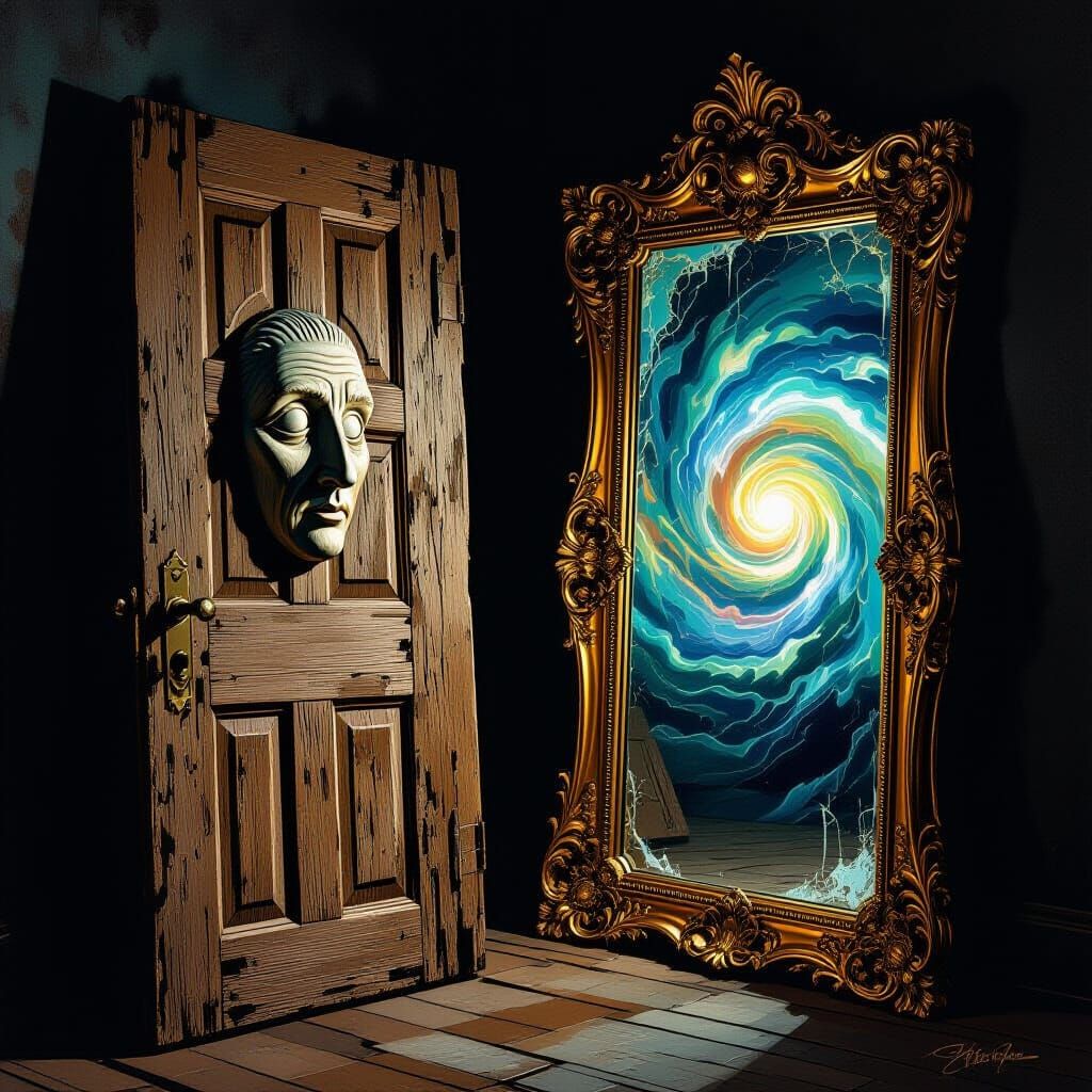 Mystical Door Converse with Ornate Mirror in Hyperrealist St...