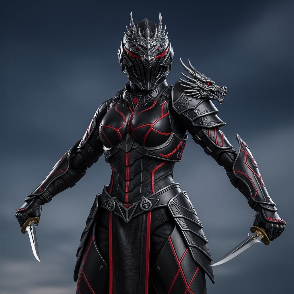Mecha Samurai Warrior in Dragon Helmet with Daggers