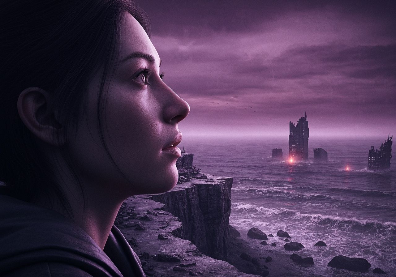 Woman on Crumbling Cliffside Overlooking Stormy Sea