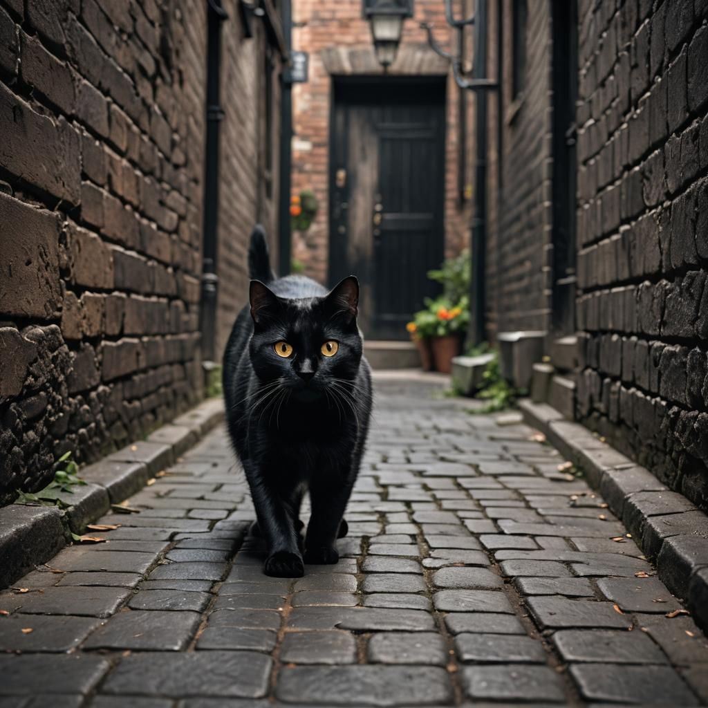 Cute Black Cat in Dark Alley: Hyperrealistic Image