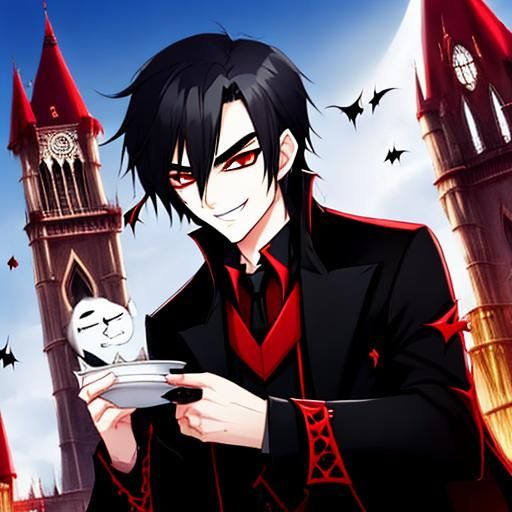 Handsome Vampire Smirking with Fangs, in Chibi Style