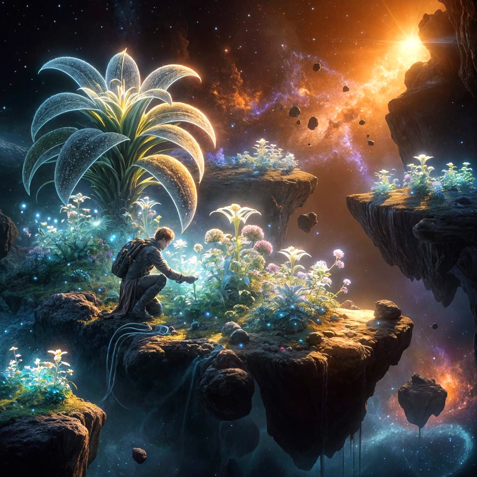 Botanist Tending Cosmic Flora on Asteroid in Ultra-Fantasy S...