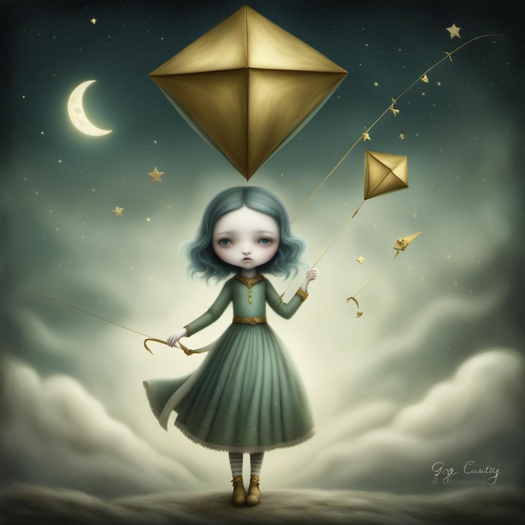 Girl with Kite Under Aurora, Ceccoli Style