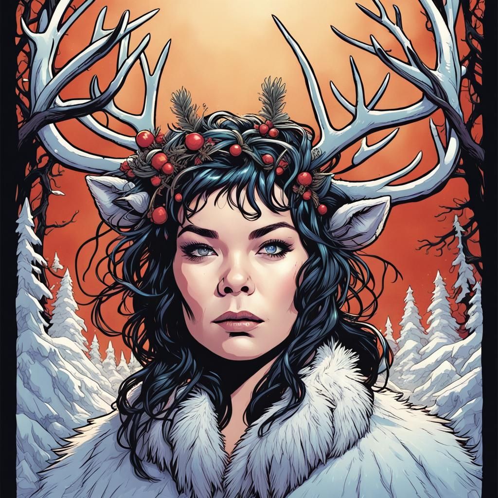 Bjork with Antlers in Comic Book Style