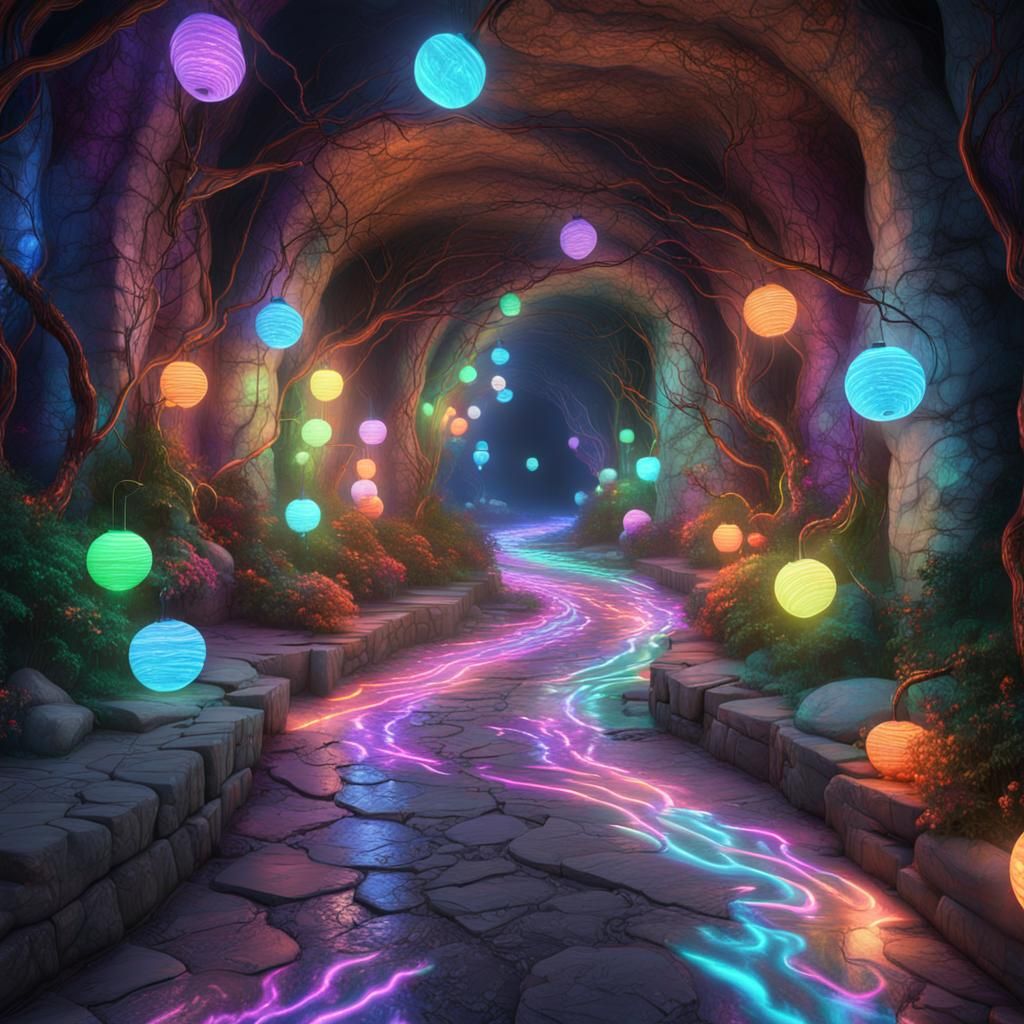 Iridescent Marble Tunnels with Neon Lighting