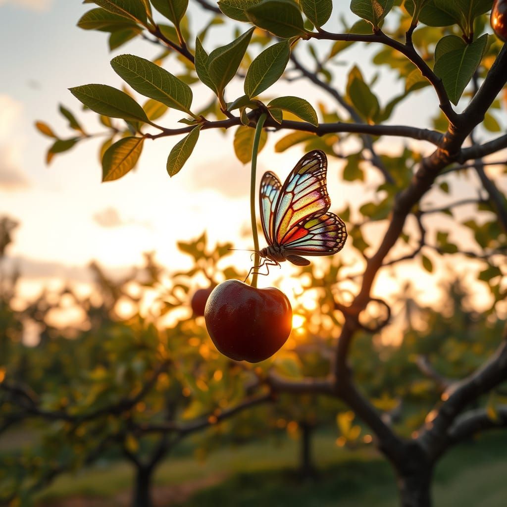 Golden Hour Cherry Tree in Serene Orchard