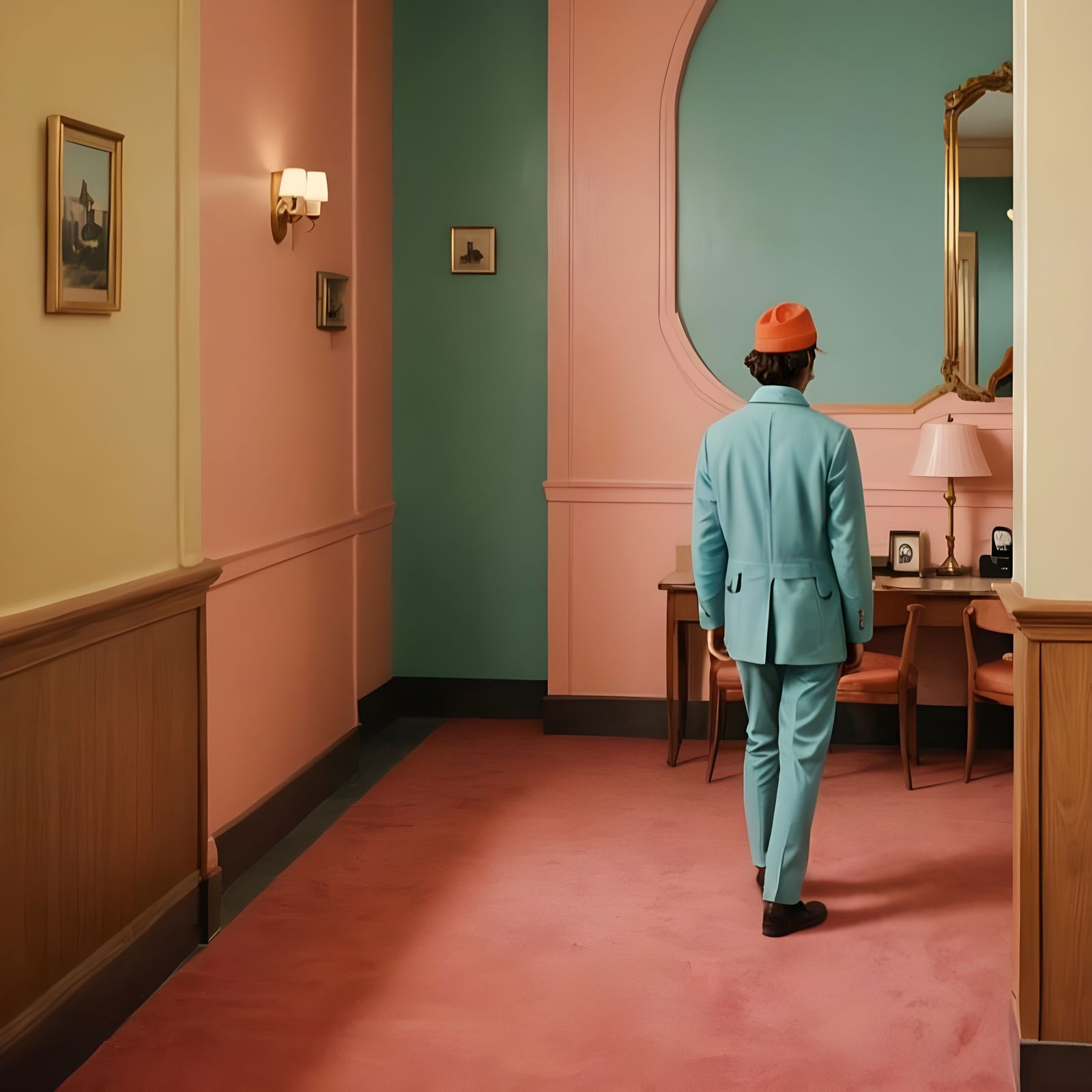 Hotel Interior with Figure in Wes Anderson Style