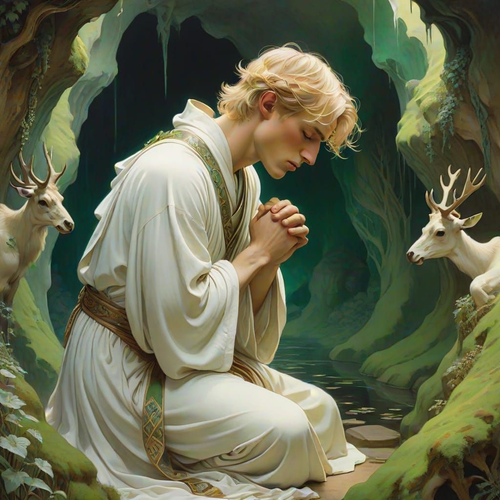 Elegant Monk in Enchanted Cave