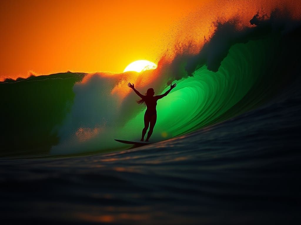 Golden Hour Surfer Battles Emerald Wave