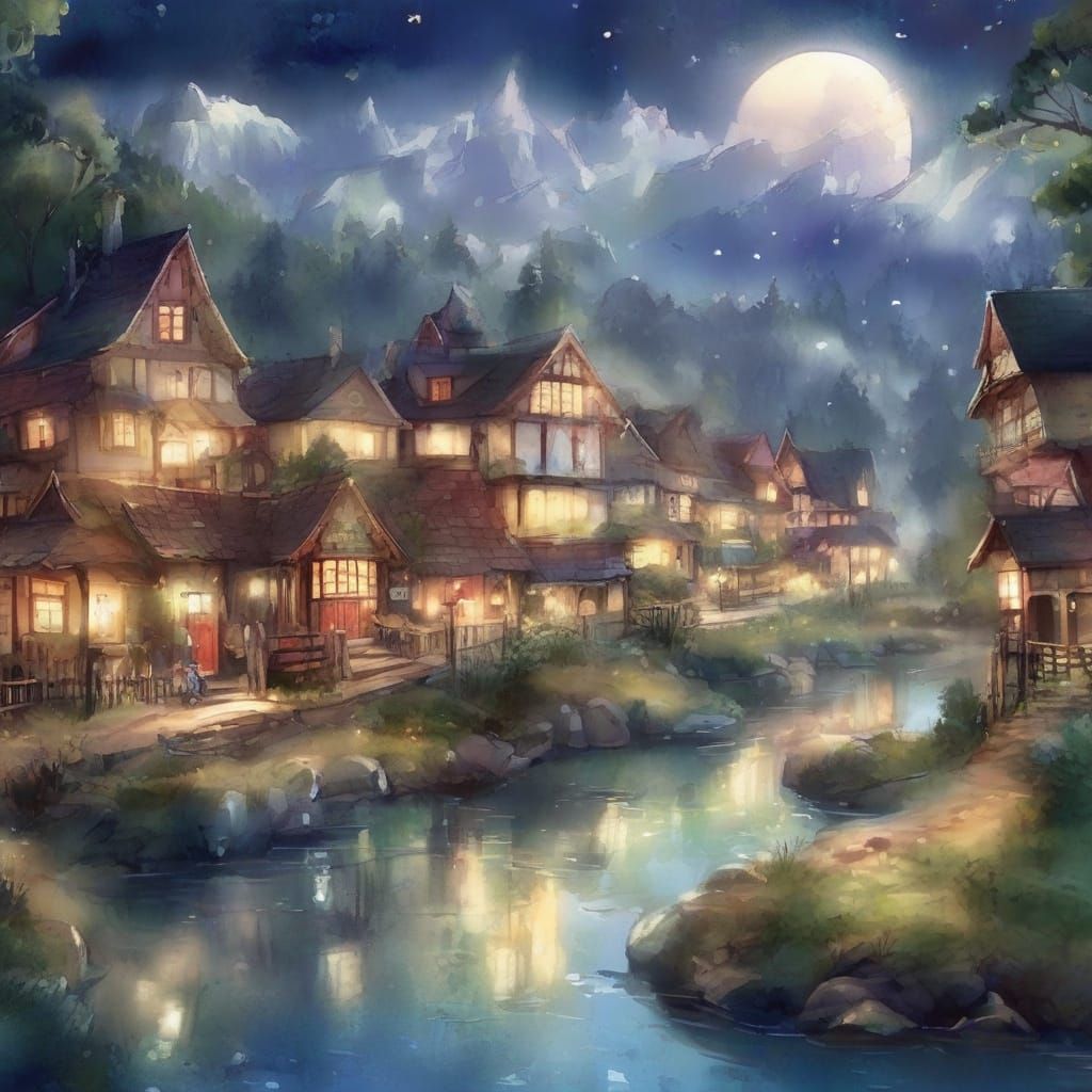 Enchanted Village at Night in Dreamy Watercolor Style