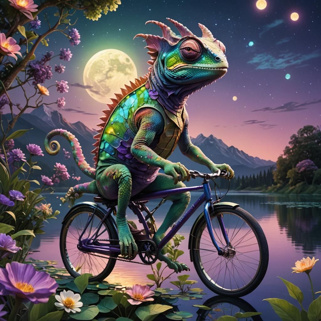 Chameleon Cyclist: Fantasy Art with Bioluminescent Accents