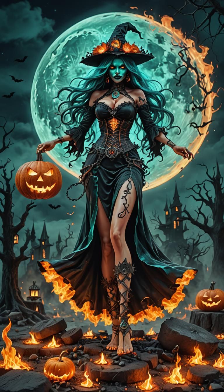Halloween Witch Dances on Coals Under Psychedelic Moon