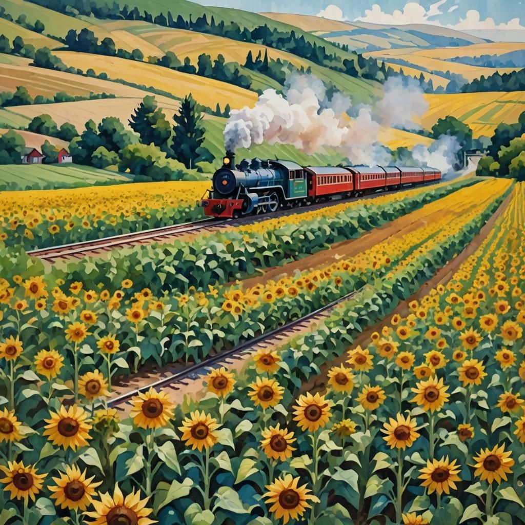 A train flying thru the sunflower fields
