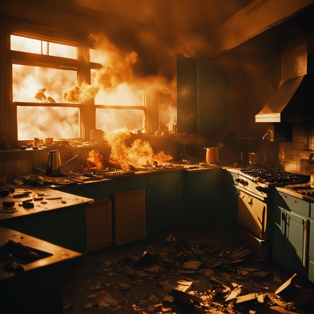 Fiery Kitchen Inferno in Cinematic Golden Hour