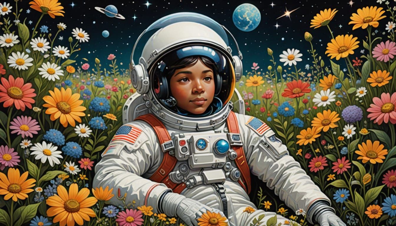 Whimsical Folk Art Astronaut in a Floral Universe