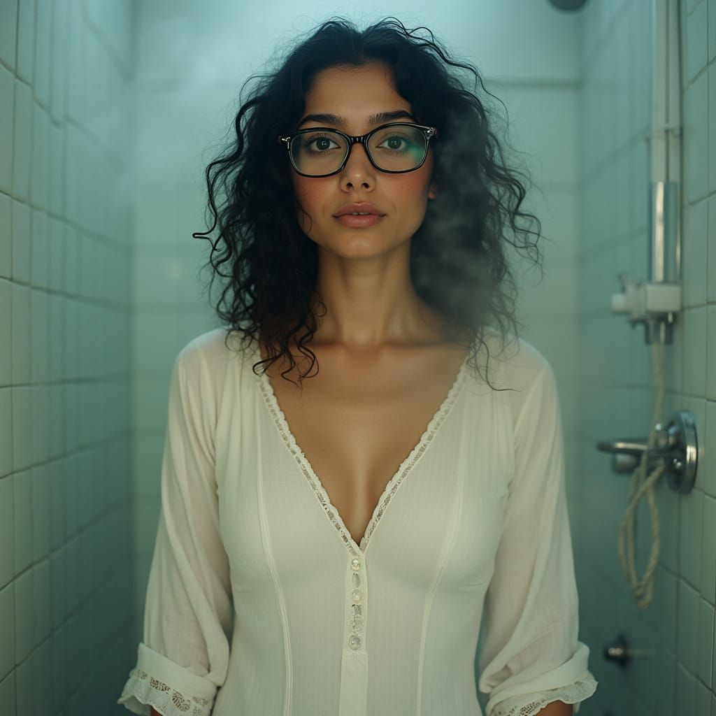 Indian Woman in Steamy Bathroom, Cinematic Film Still