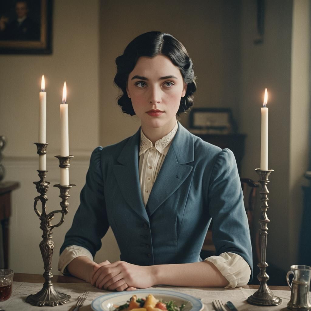 Stoic British Governess Portrait in 1930s Film Noir Style