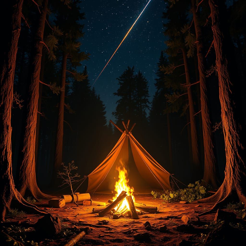 Warm Ambiance of a Campfire in a Dark Forest under a Starry ...