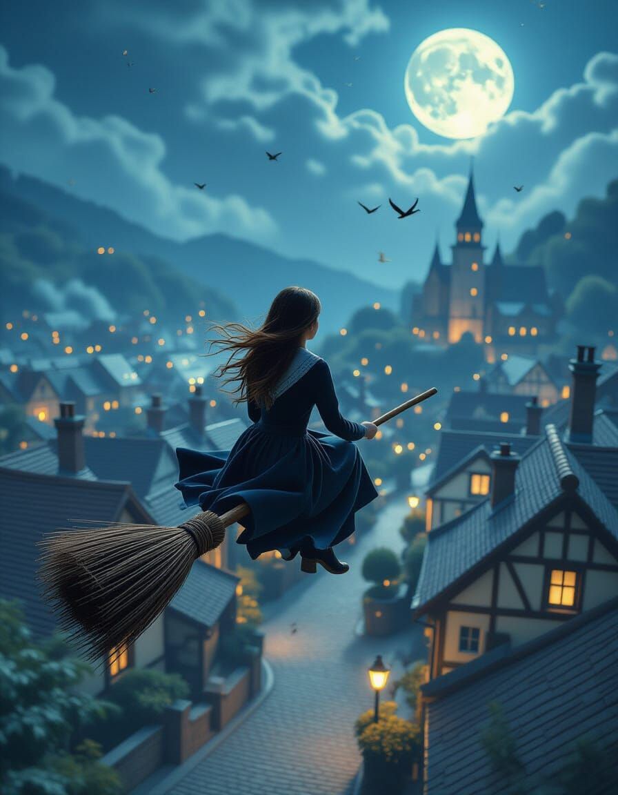 Miniature Village: Girl Flying on Broom at Midnight
