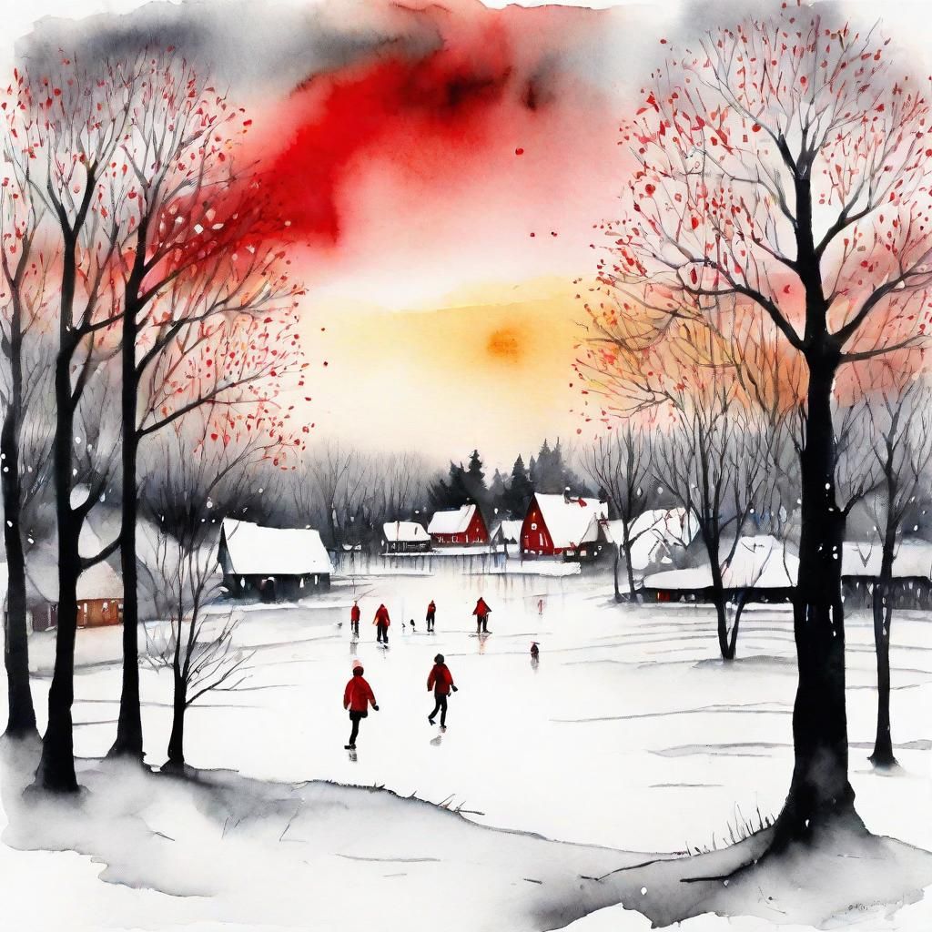 Snowy Village Ice Skating in Watercolor Style