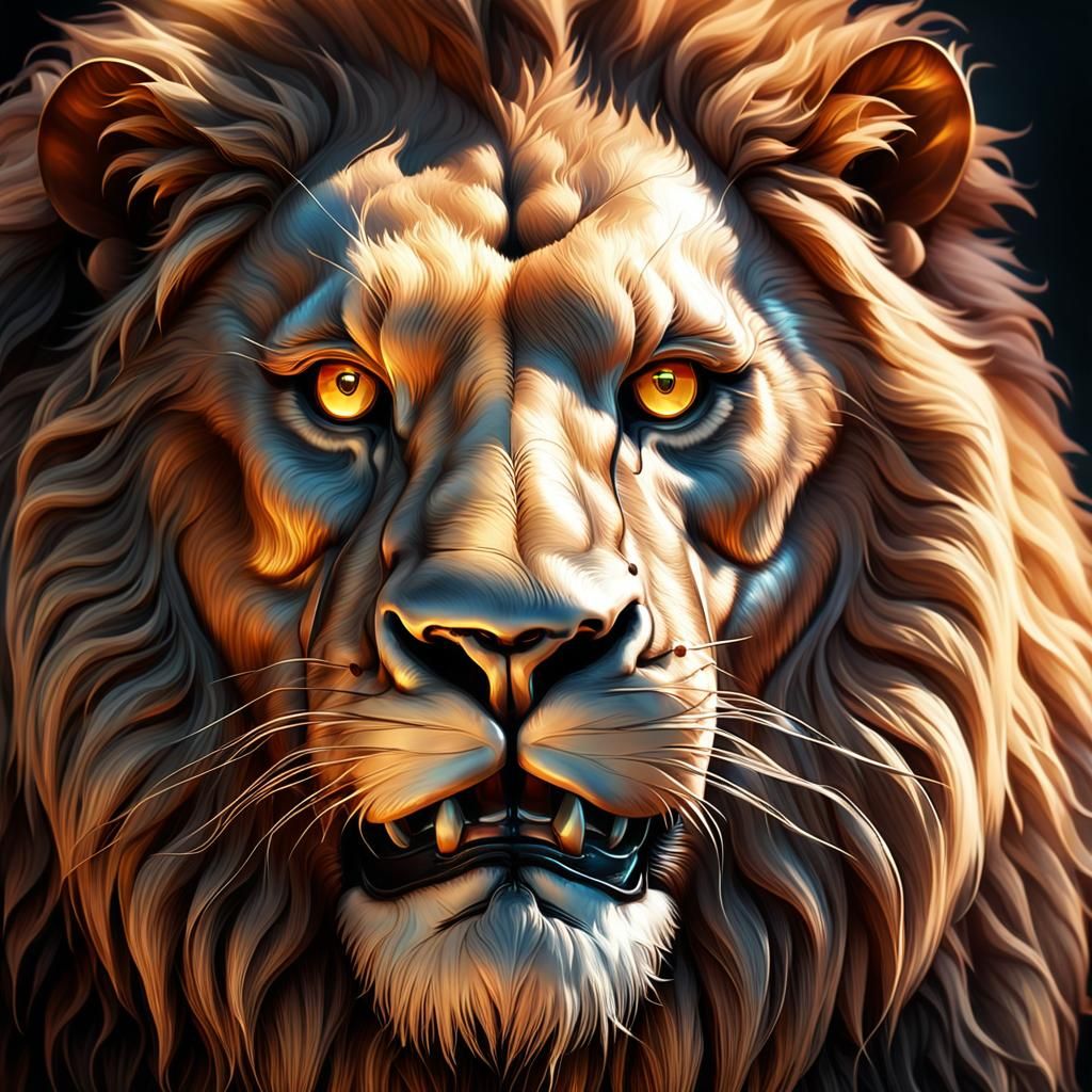 Metallic Lion Portrait with Intense Glowing Eyes