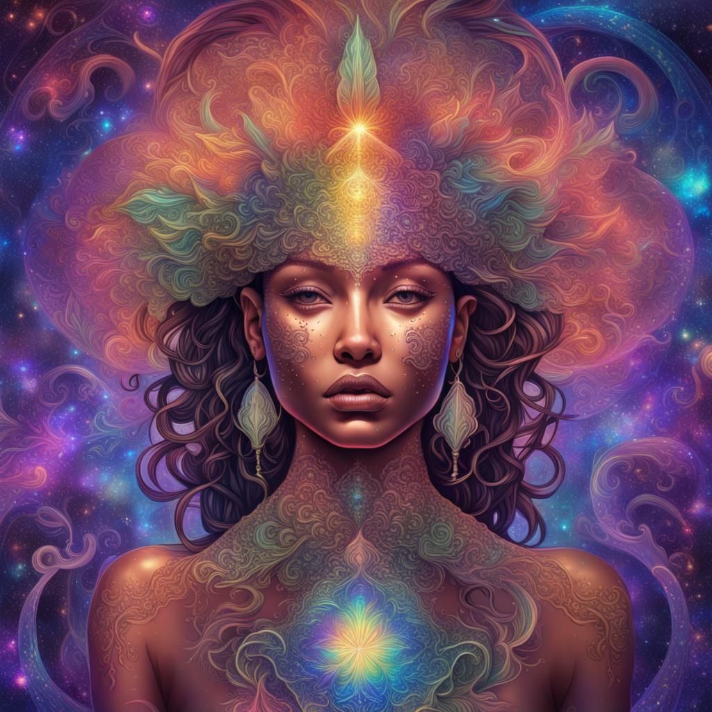 Holographic Astral Queen in Pablo Amaringo Style
