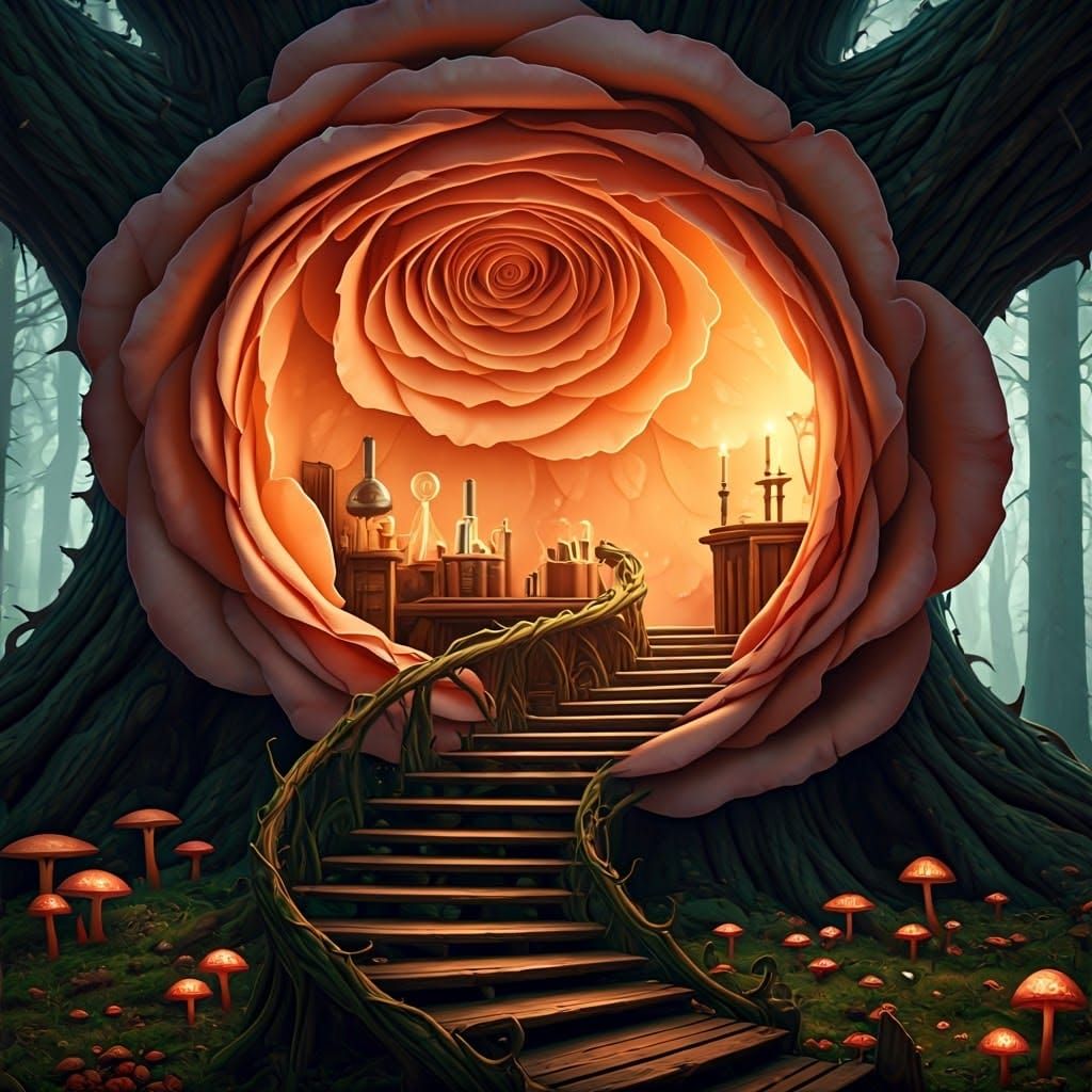 Rose Petal Treehouse Alchemy Lab in Hyper-Realism