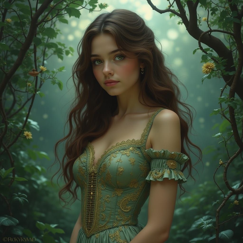 Victorian Woman in Moonlit Garden, Art Nouveau Style