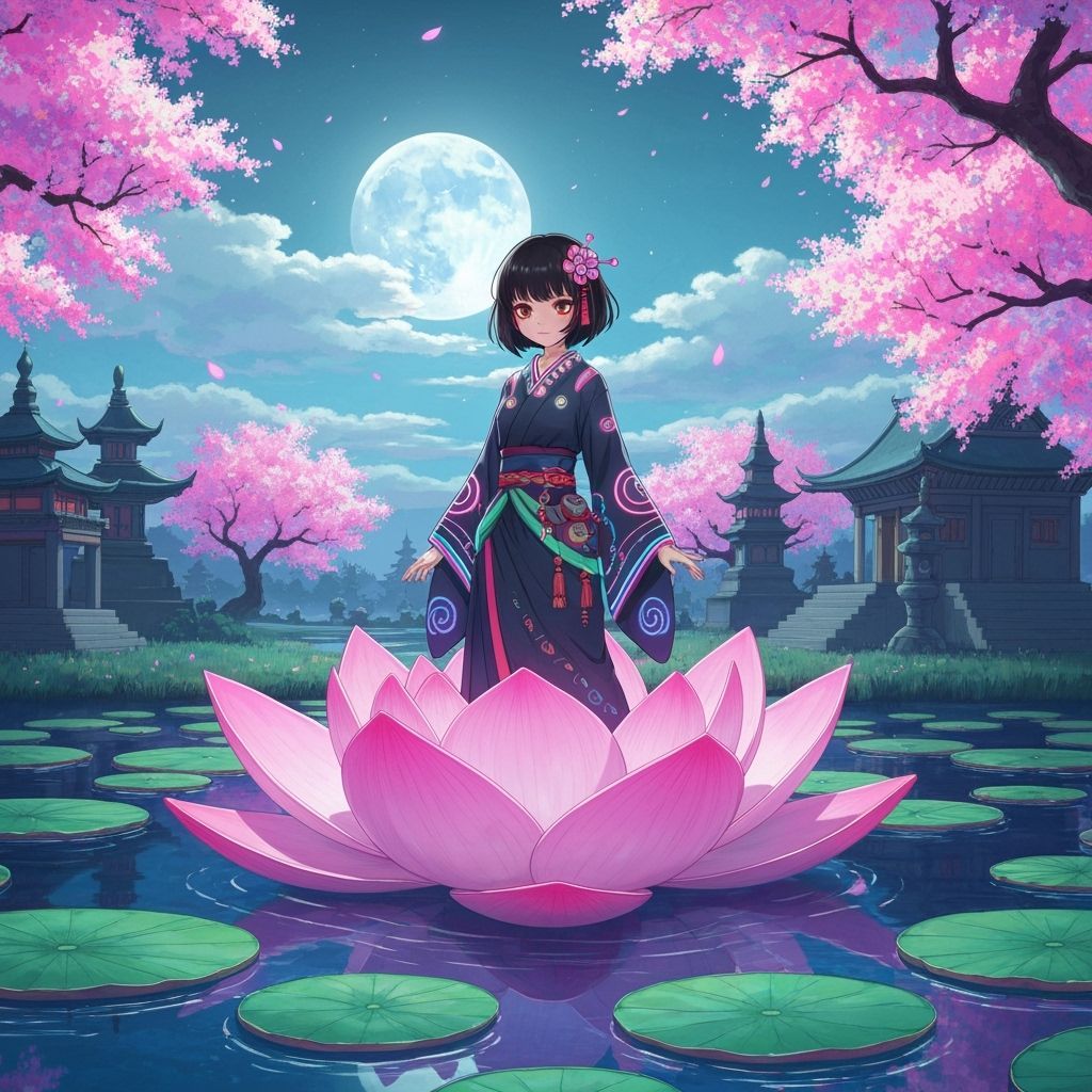 Anime Girl on Bioluminescent Lotus, Ghibli-Mucha Style