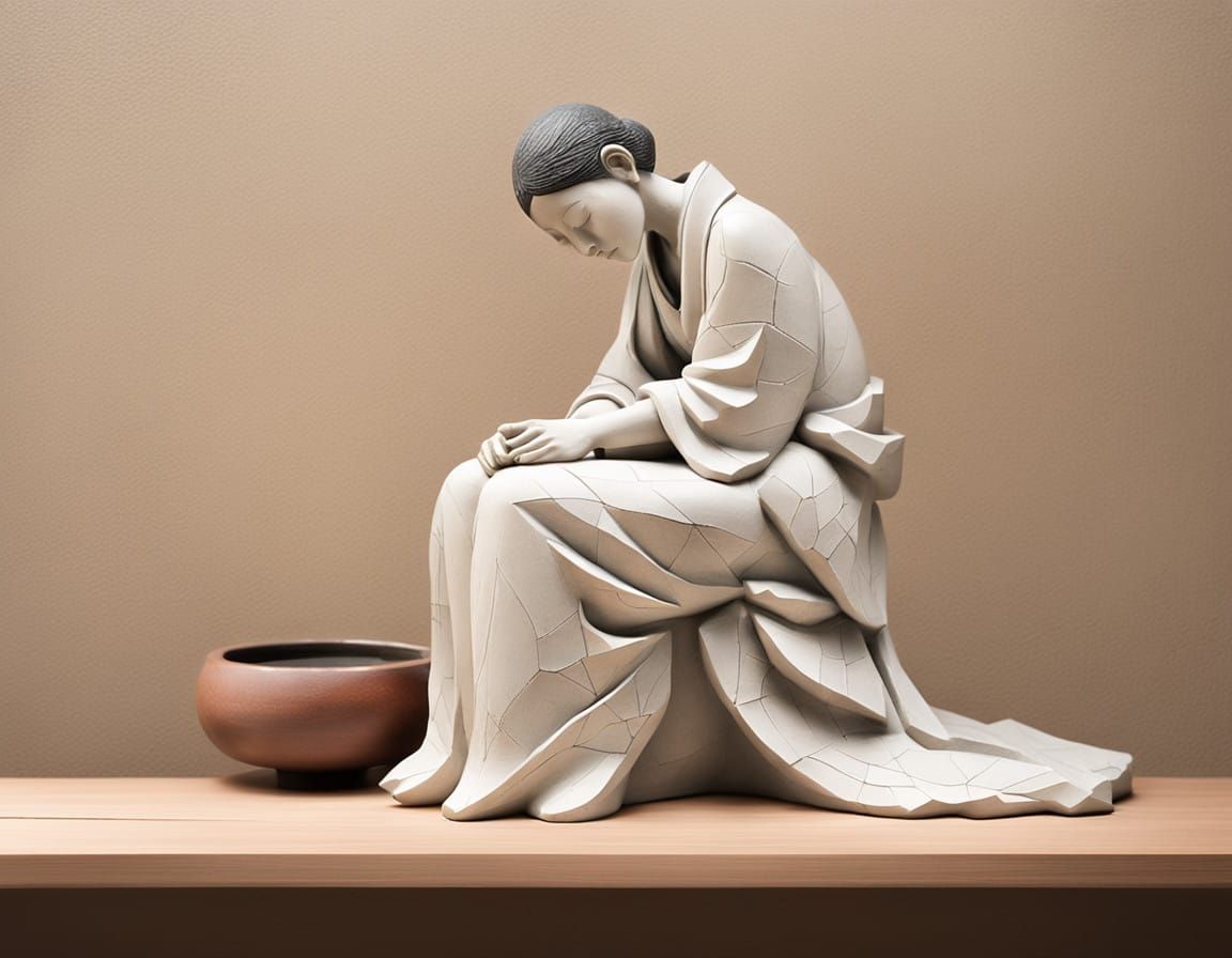 Serene Japanese Woman in Raku-Inspired Earthenware