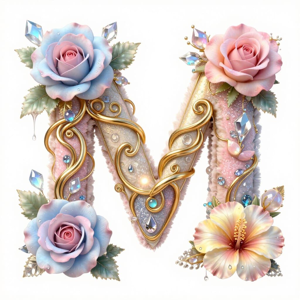 Golden Floral Letter M with Fantasy Elements
