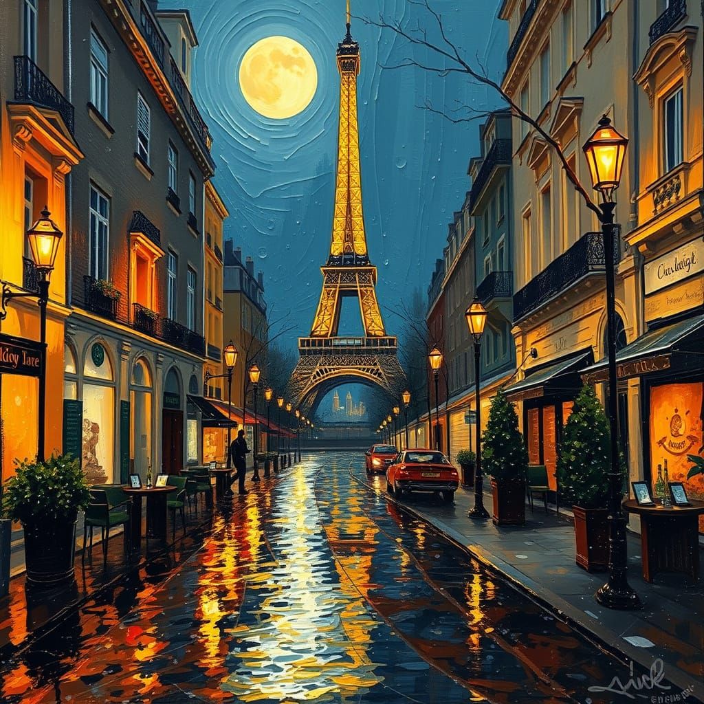 Paris Street at Night in Neo-Impressionist Style