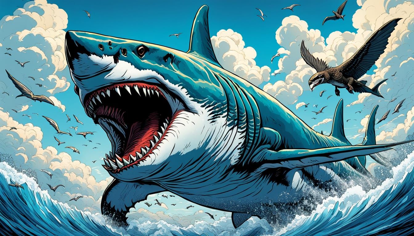 Megalodon Shark Soaring with Eagle Wings: Comic Book Art