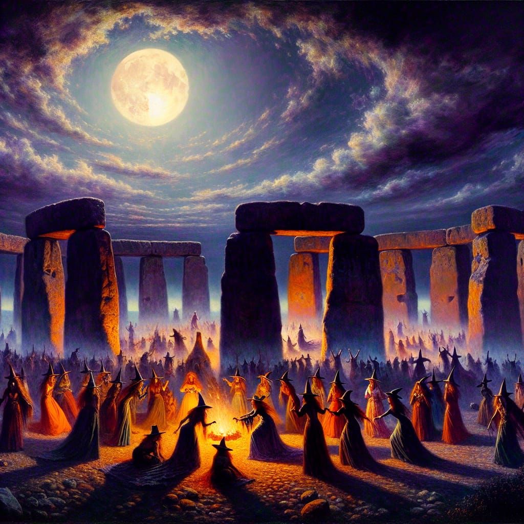 Witches' Sabbath at Stonehenge Under Full Moon