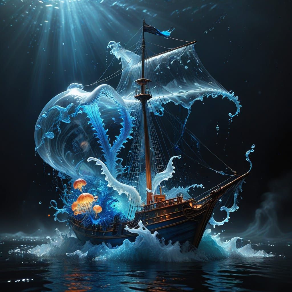 Brigantine Emerges from Fog in Blown Glass Style