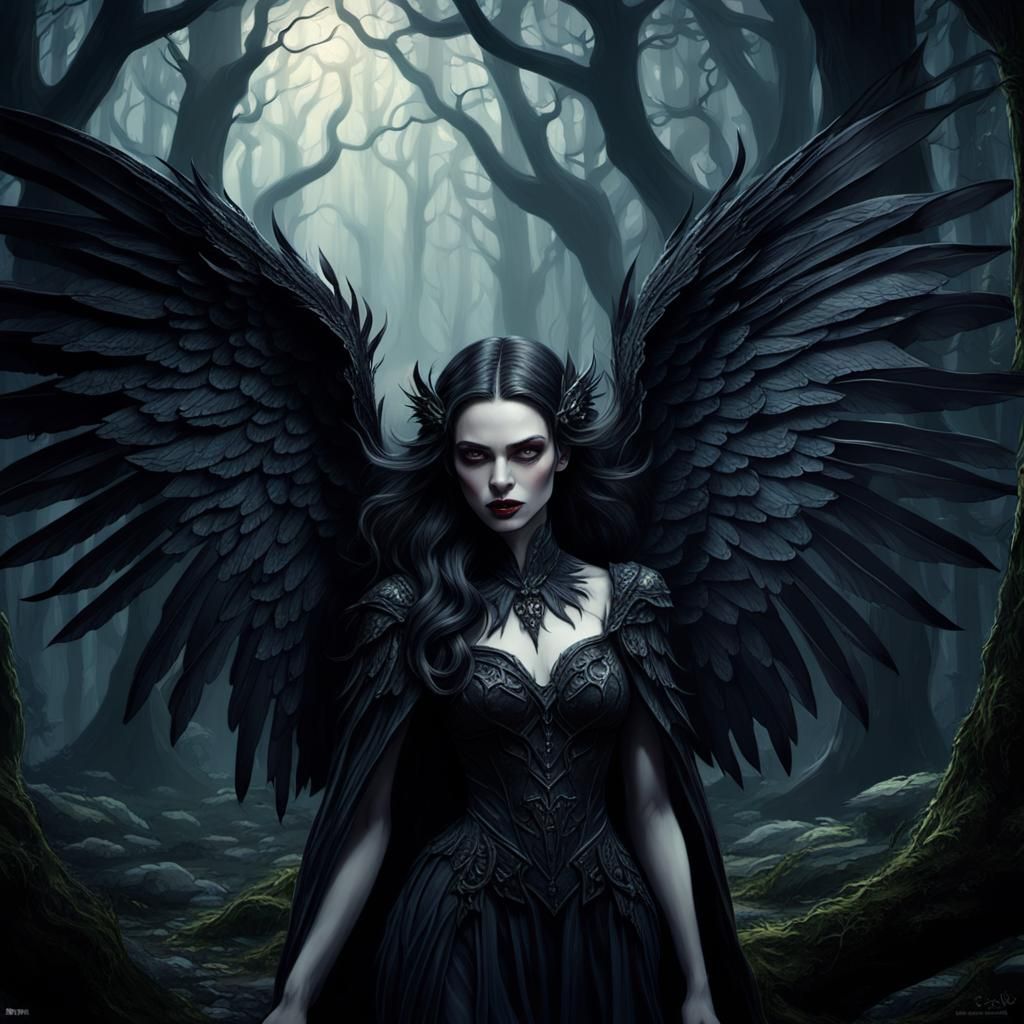 Vampire Girl Spreads Wings in Art Nouveau Forest