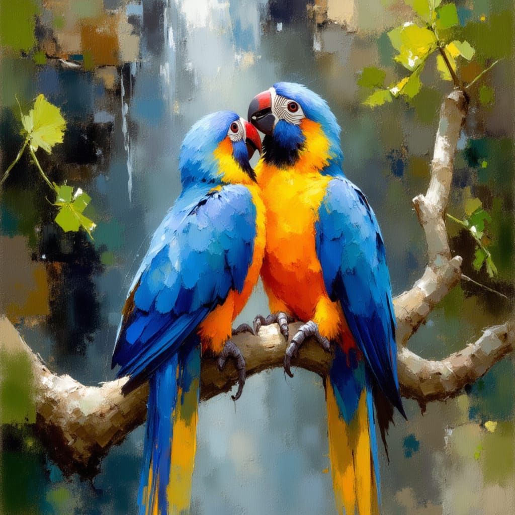 Blue Macaws Cuddling in Lush Waterfall Scene