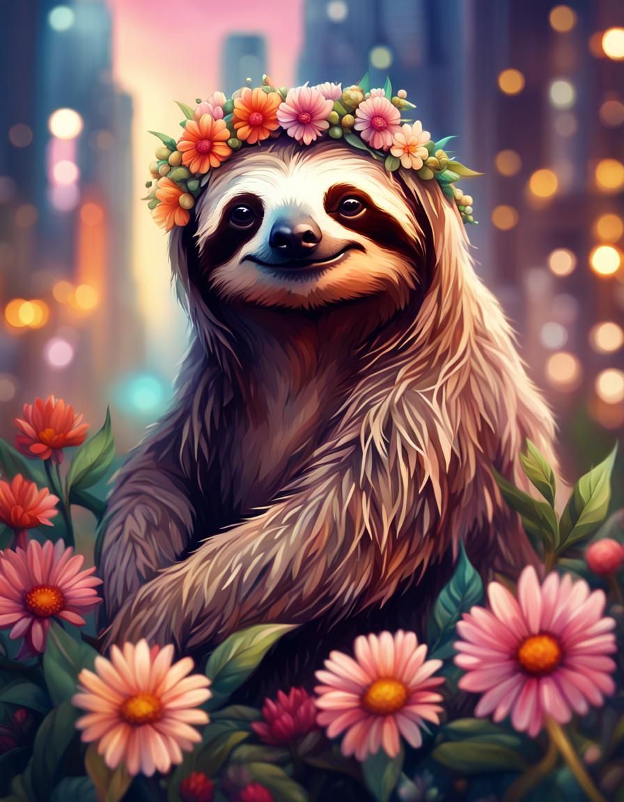 Stylish Sloth with Flowers in Hair, Digital Art