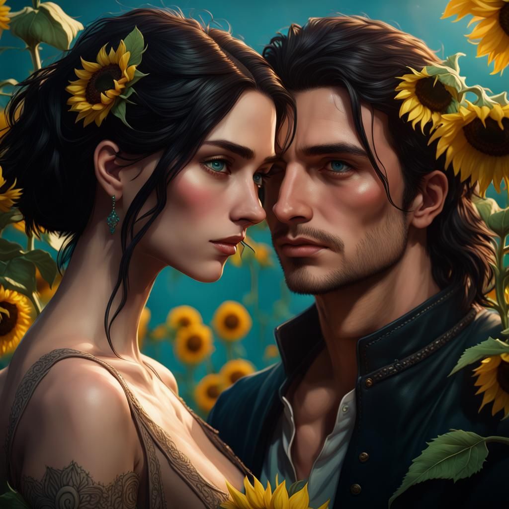 Lovers in Dark Fantasy Art with Sunflowers