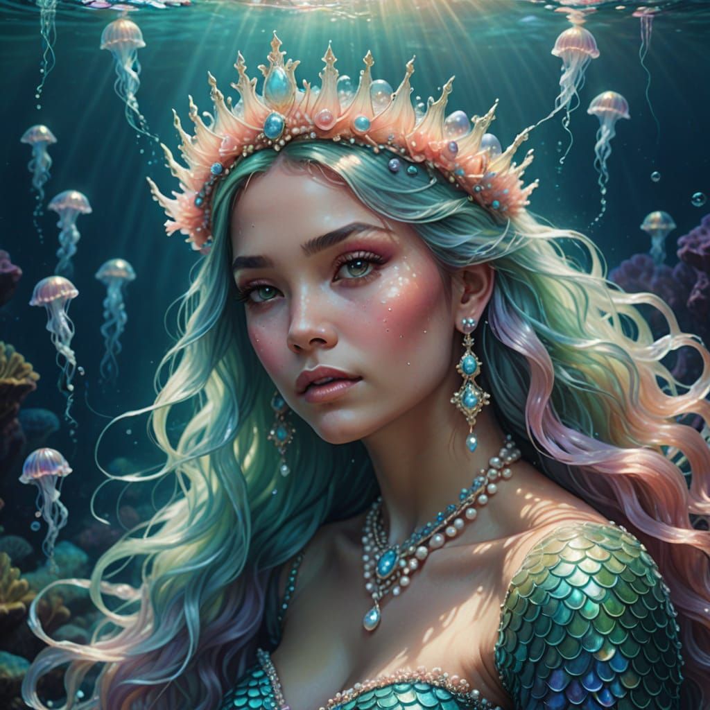 Mystical Mermaid Queen Portrait with Iridescent Hair