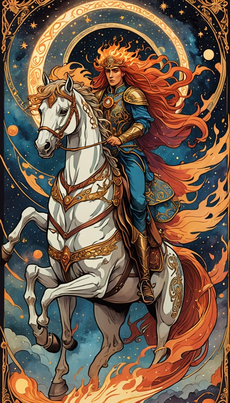 Death Tarot Card: Fiery Warrior in Art Nouveau Style