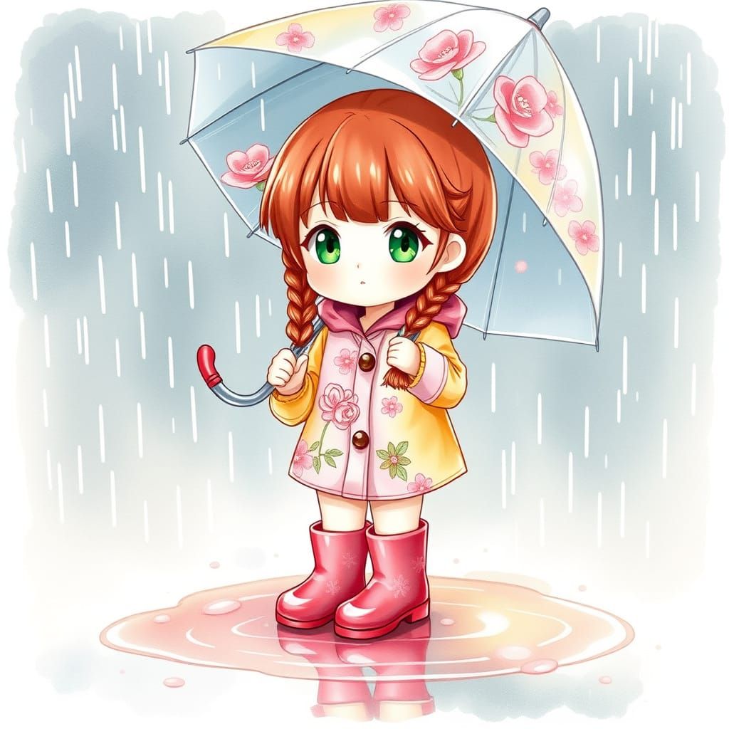 Whimsical Watercolor: Girl Playing in Rainy Puddle