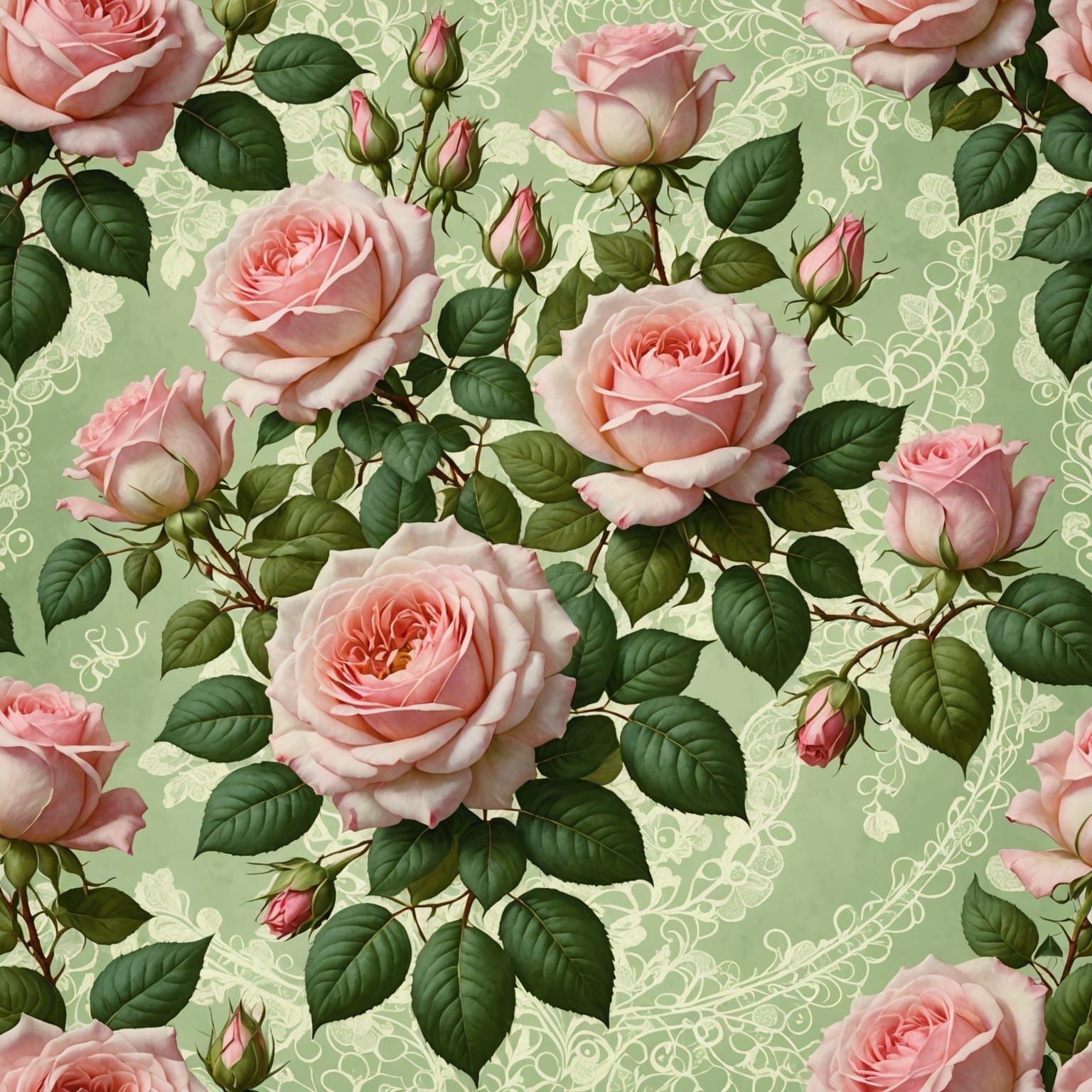 Elegant Victorian Floral Masterpiece with Pink Roses and Gre...