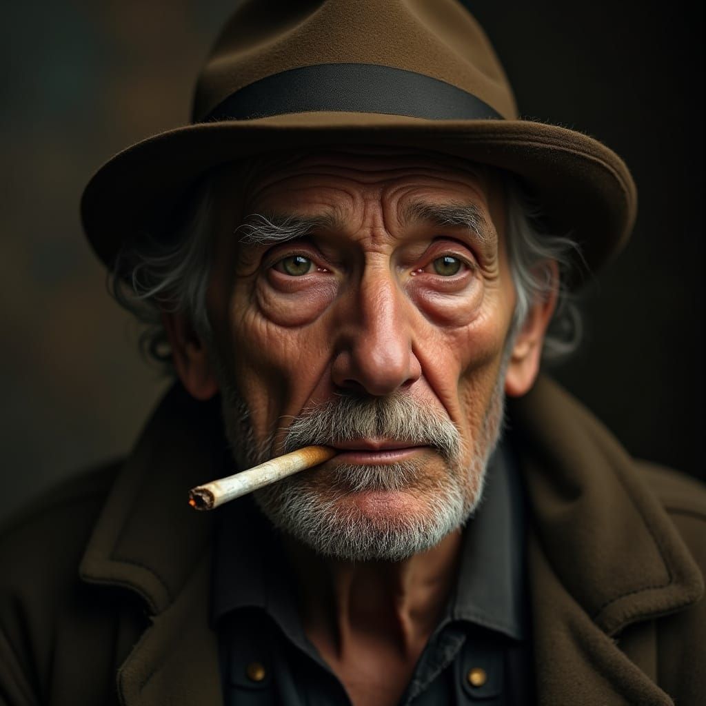 Weathered Man Smokes in Golden Light