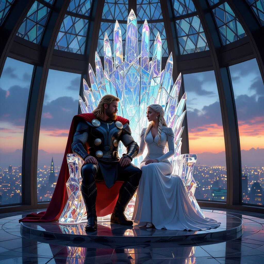 Thor and Daenerys on Crystal Throne at Twilight