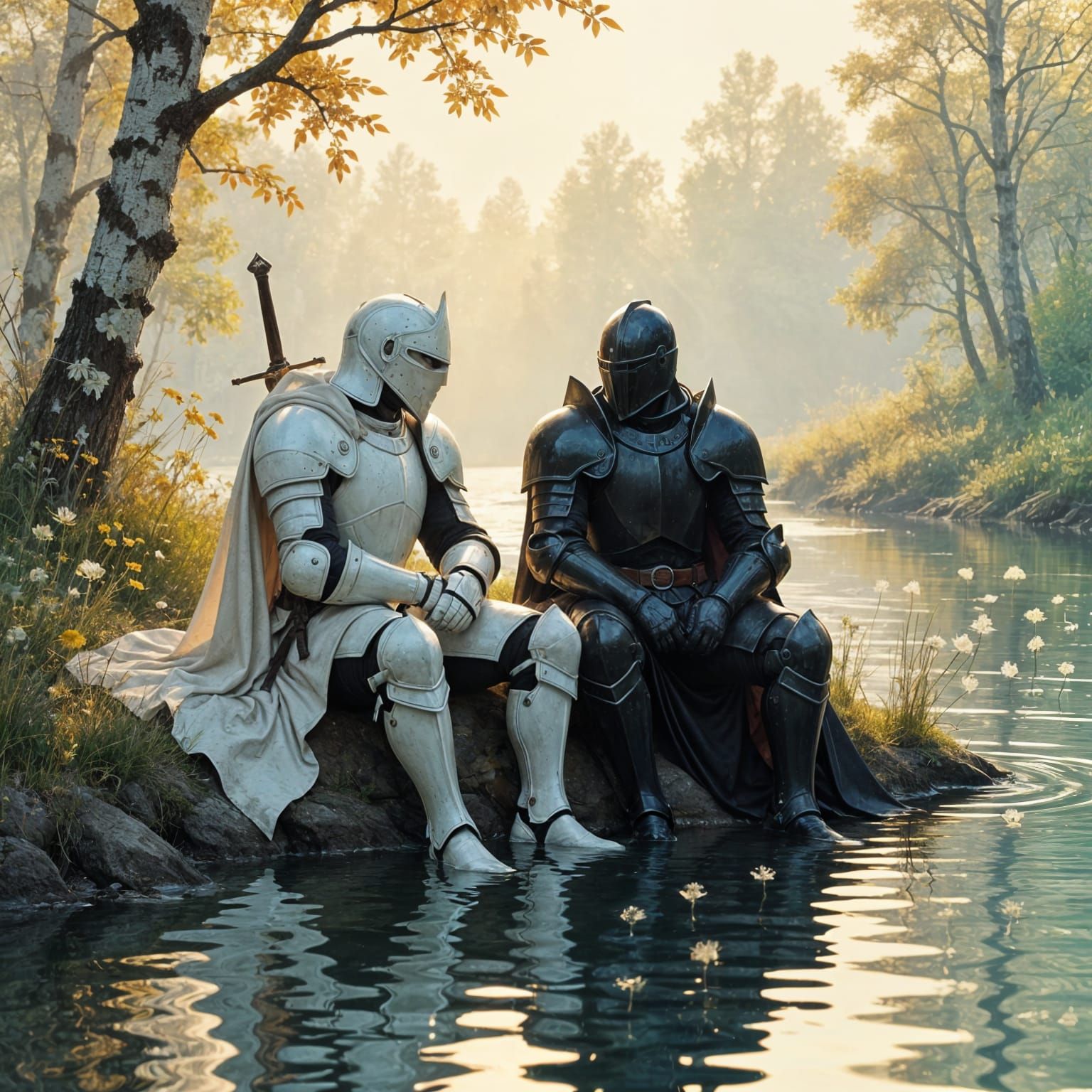 White and Black Knights Peacefully by River in Morning Light