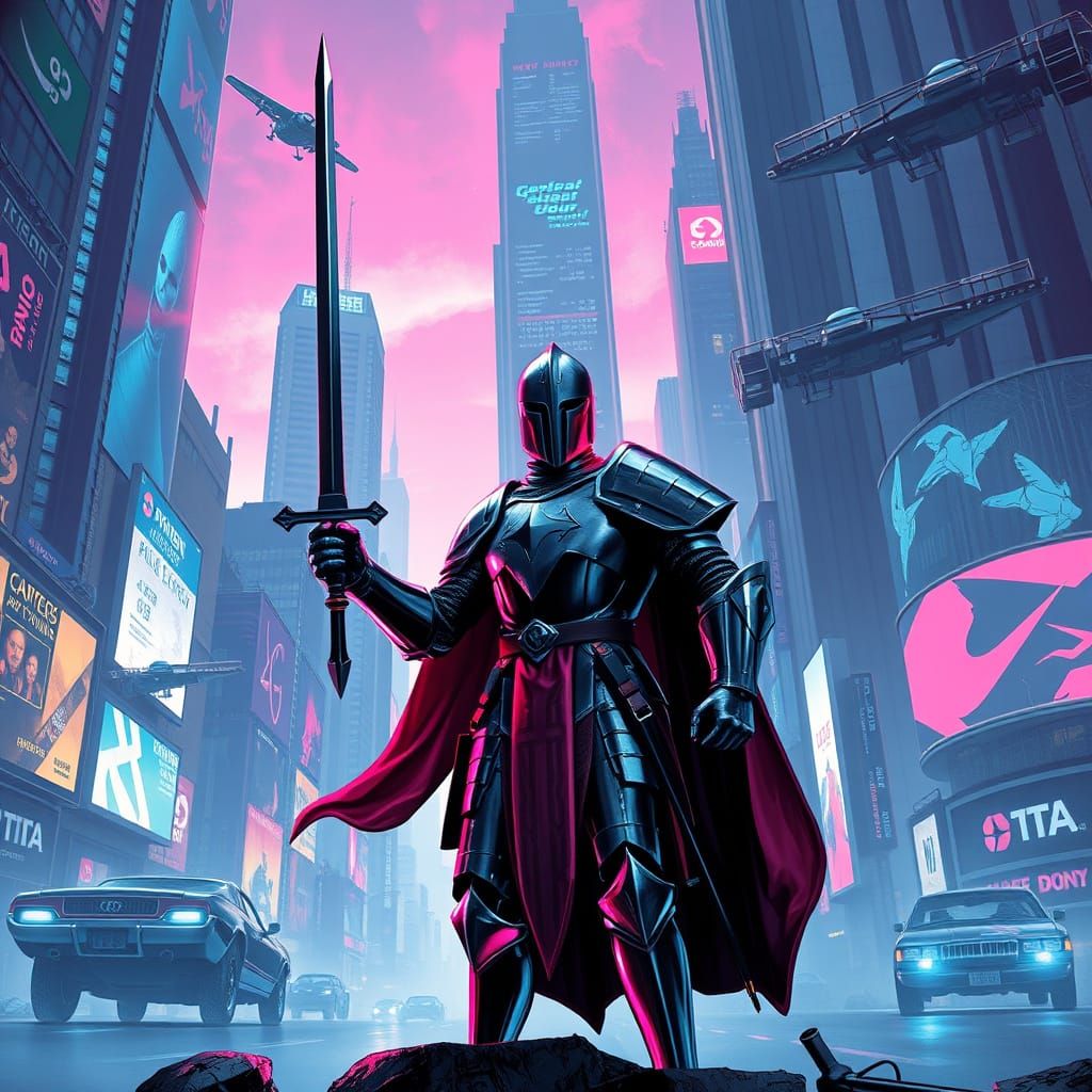 Knight in Cyberpunk Cityscape: A Digital Art Fusion