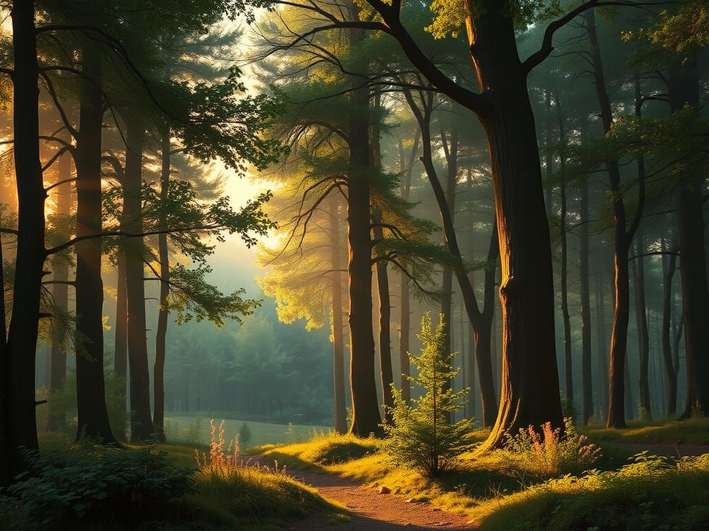 Serene Renaissance Forest Landscape with Golden Light